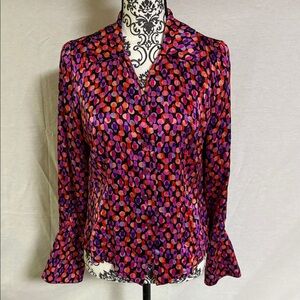 I.E. Colorful 100% Silk Blouse with colorful dotted long sleeve button down EUC